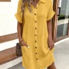 Vintage Women Solid Mini Dress Summer Fashion V-neck Three Quater Sleeve Cotton Linen Dress Ladies Casual Holiday Vestidos