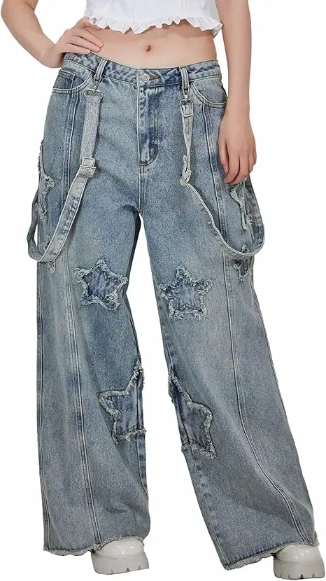 USA Stock- Women's Wide Leg Baggy Denim Bib Pants Jeans Pants with Detachable Shoulder Straps and Pockets
