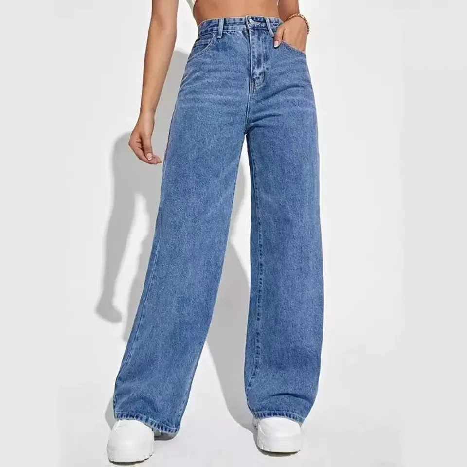 Fashion retro blue jeans women y2k High street baggy straight pants High waisted all-in-one slim pants