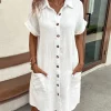 Vintage Women Solid Mini Dress Summer Fashion V-neck Three Quater Sleeve Cotton Linen Dress Ladies Casual Holiday Vestidos