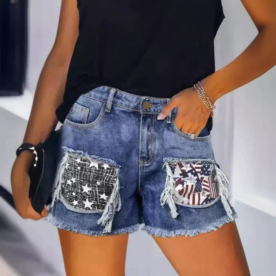 Womens USA National Flag Denim Jeans Shorts High Waist Shorts Printed Ameirican Flags Vintage Pants Jeans Fashion Streetwears