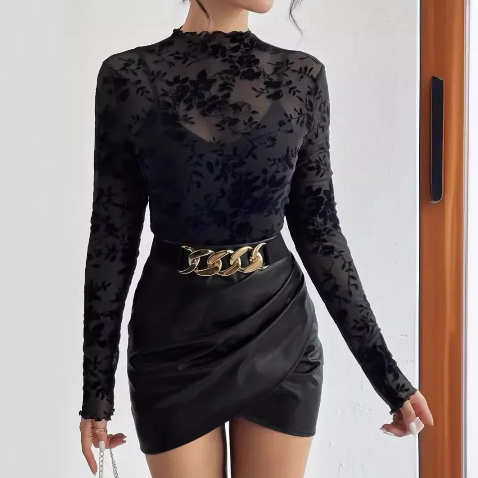 Top Women T Shirt Sexy Bottoming Long Sleeve Flower Printed Mesh Sheer Tops Stand Neck Tees Summer 2025 Female Undershirts