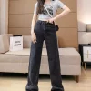 New Design Sense Women’s Loose Denim Pants Retro Straight Leg Pants Fashionable Solid Color Loose Casual Wide Leg Pants