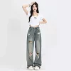 American Retro Hole-punched Jeans Women High Waist Straight-crotch Loose Slim Design High-street Vibe Wide-legged Dragging Pants
