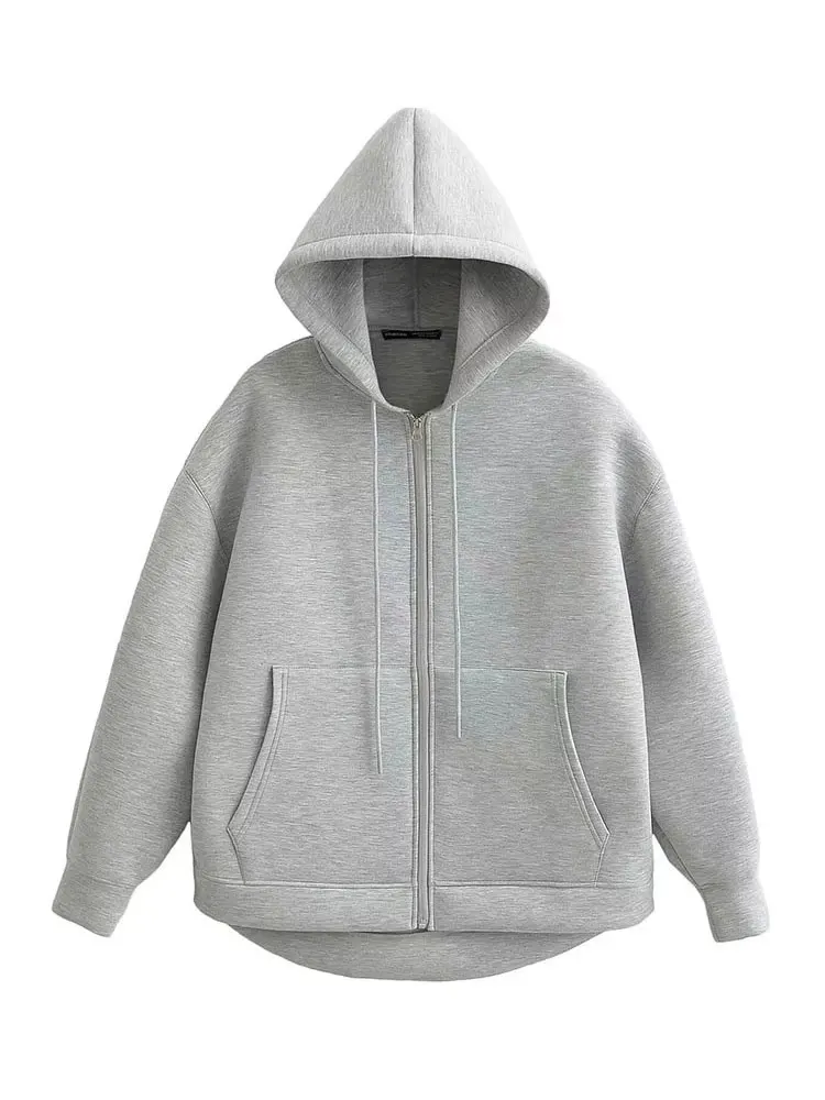 HH Autumn Women Gray Jacket With Hood Long Sleeve Big Pocket Zipper Jacket Coat Woman Loose Casual Outerwear Coat Tops
