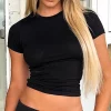 Basic Solid Crop Top Short Sleeve Crewneck Skinny T-shirt Summer Casual Tee for Women Y2K Vintage Top Harajuku Streetwear