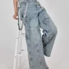 USA Stock- Women’s Wide Leg Baggy Denim Bib Pants Jeans Pants with Detachable Shoulder Straps and Pockets