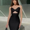 Bow Sleeveless Bandage Midi Dress Women’s Black Sexy Patchwork Cut Out Bodycon 2022 Summer Elegant Club Evening Party Dresses